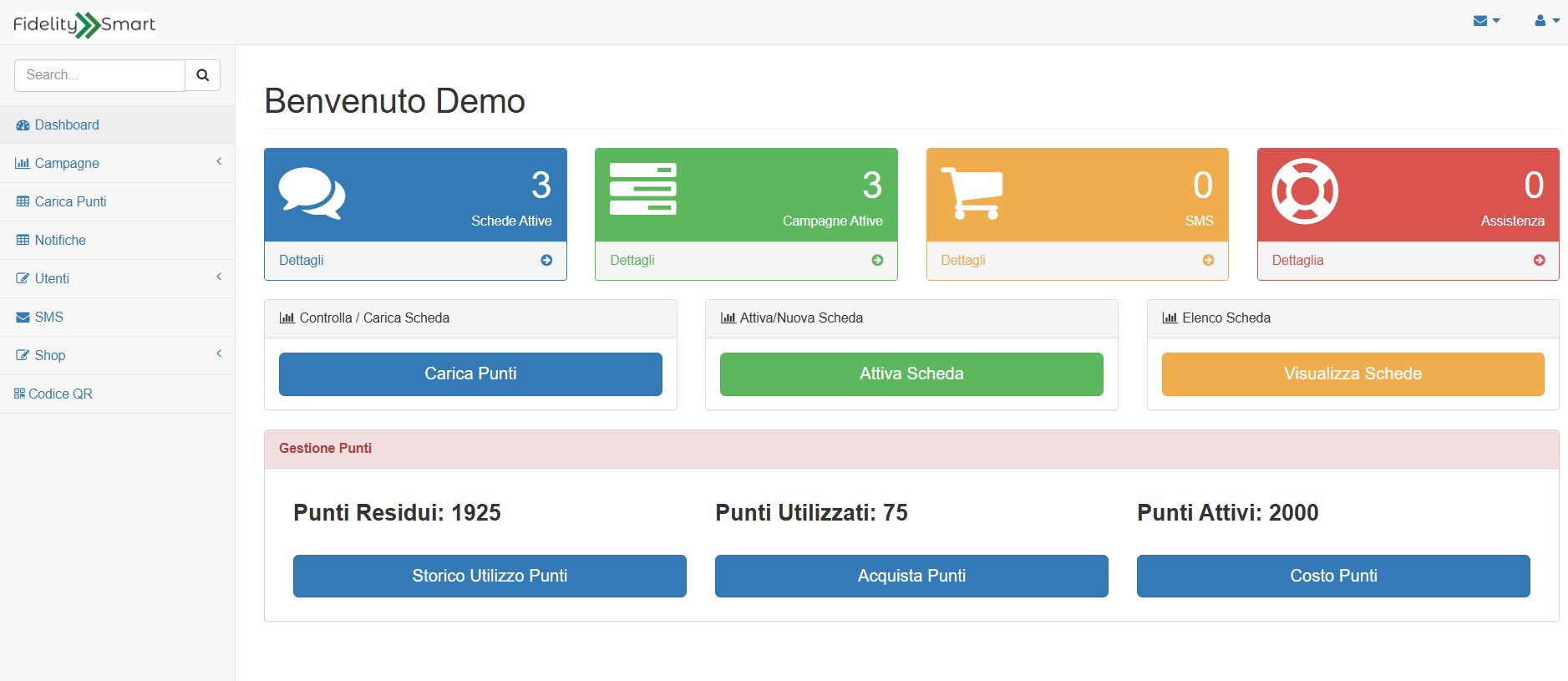 Pannello di gestione reale usato da un negozio con FidelitySmart attivo