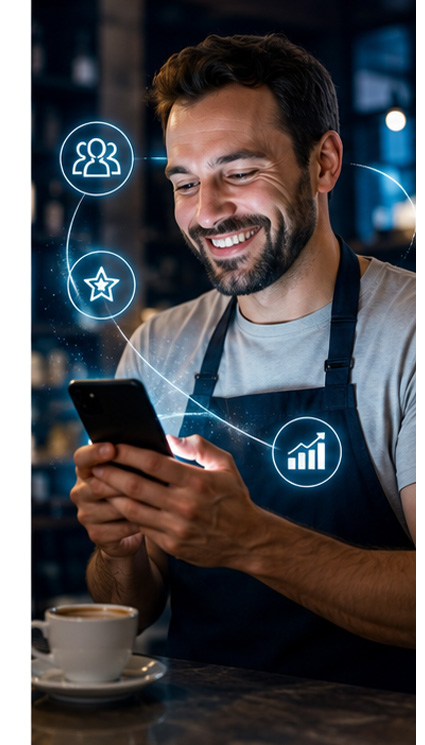 Titolare di un locale che gestisce la fidelity card dei clienti dal proprio smartphone