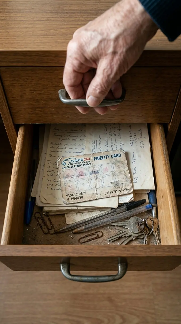 Vecchia tessera fedeltà di carta dimenticata in un cassetto